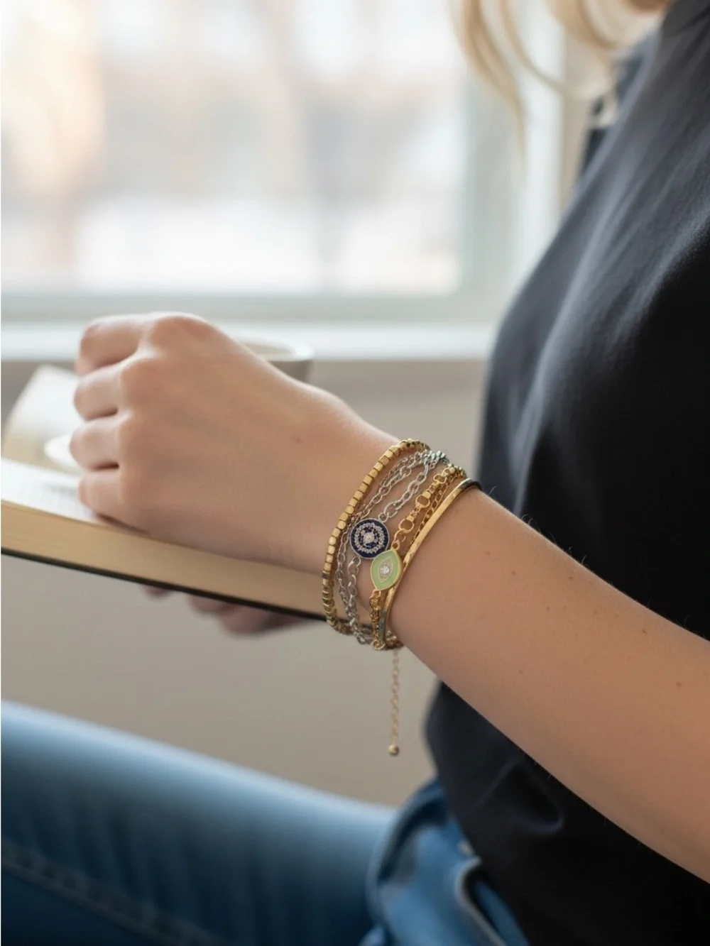 8/21 Gold and Silver Layered Charm Bracelet Stack - Women Jewelry